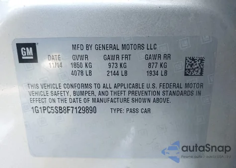 2015 Chevrolet Cruze 1Lt Auto from USA, damaged, VIN 1G1PC5SB8F7129890